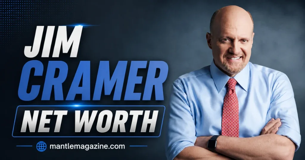 im Cramer smiling in blue shirt and red tie, Net Worth feature graphic — mantlemagazine.com