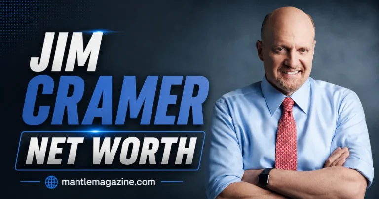 im Cramer smiling in blue shirt and red tie, Net Worth feature graphic — mantlemagazine.com