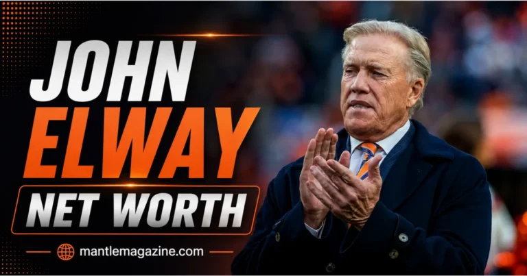 John Elway net worth featured graphic — Elway clapping on the Broncos sideline — mantlemagazine.com