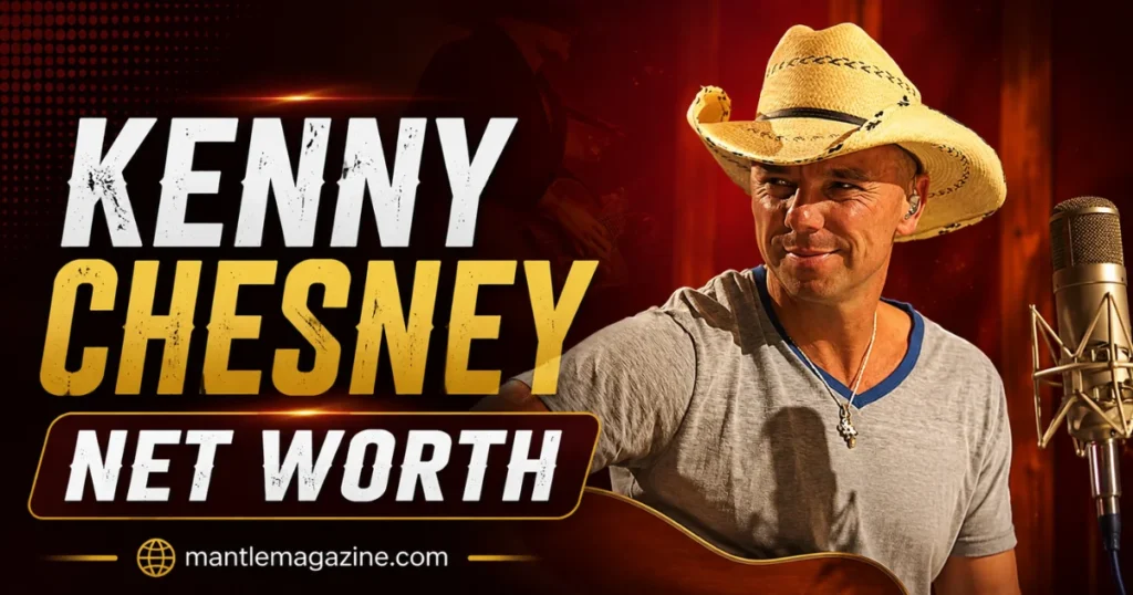 Kenny Chesney net worth feature graphic with guitar performance photo — mantlemagazine.com