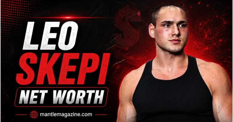 Leo Skepi net worth — the TikTok creator and Aware and Aggravated podcast host in a black tank top on Mantle Magazine's red-and-black featured graphic