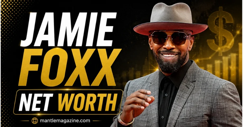 "Jamie Foxx Net Worth 2026 - Actor and producer in stylish suit and hat with financial graphics showing wealth and earnings information"
