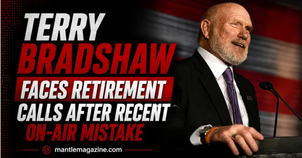 Terry Bradshaw, 77, speaking at a podium — featured graphic on the 2026 retirement calls after his on-air blunders