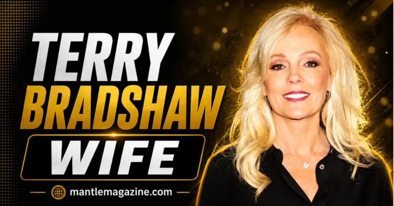 Tammy Bradshaw, Terry Bradshaw's current wife, smiling in a black top — Mantle Magazine featured graphic