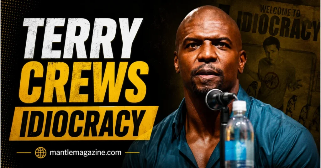 Terry Crews speaking at a panel microphone with an Idiocracy movie poster behind him — Mantle Magazine featured graphic