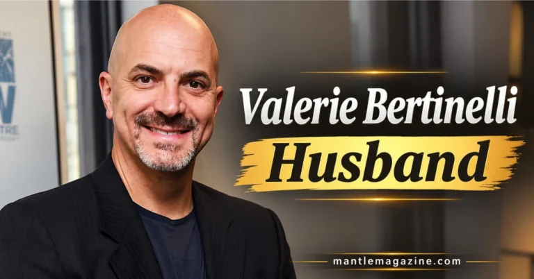Valerie Bertinelli's husband Tom Vitale smiling in a black blazer — Mantle Magazine featured graphic