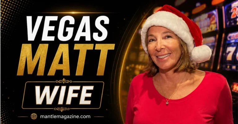 Vegas Matt's wife KC Vanlue-Morrow smiling in a Santa hat in front of casino slot machines