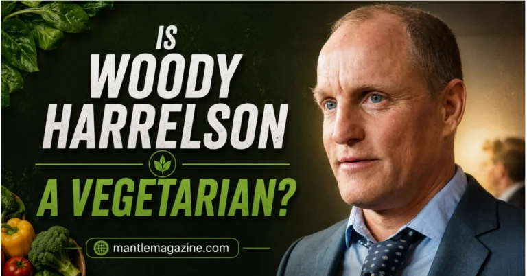 Is Woody Harrelson a vegetarian? — featured graphic showing Woody Harrelson in a suit beside fresh vegetables on a dark green background