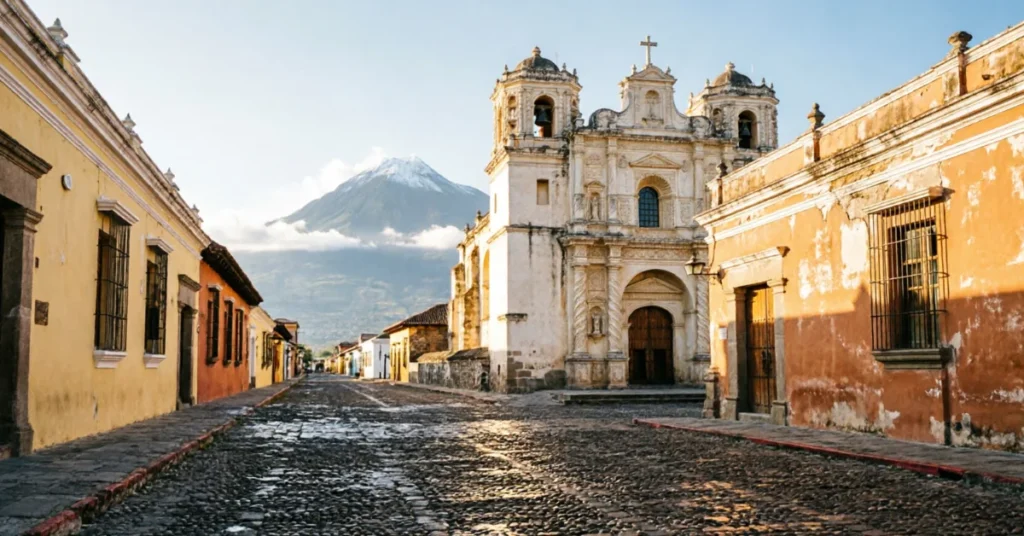 Cobblestone street in Antigua Guatemala with colonial baroque church and Volcán de Agua volcano in background