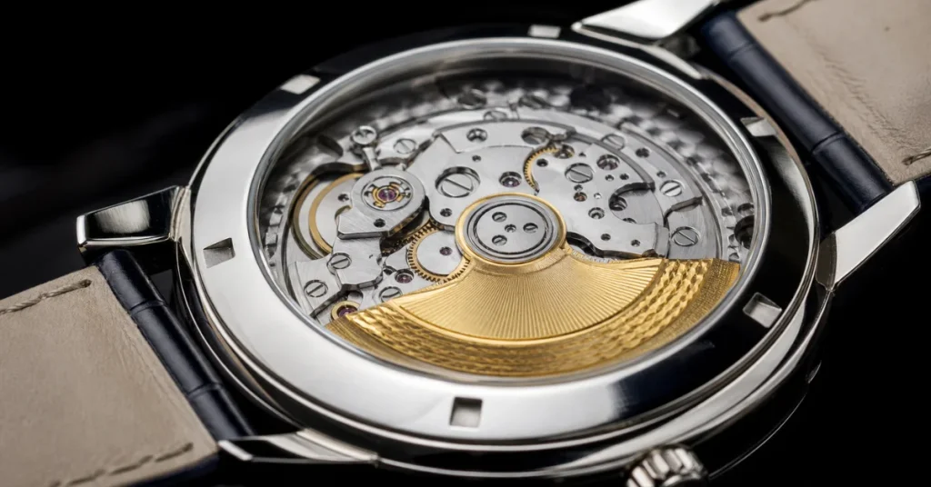 Are Tissot watches good: an open case back revealing an automatic Swiss movement with a gold rotor and visible gears