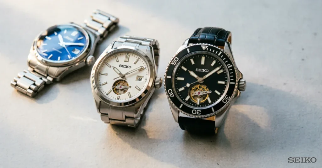 Three Seiko watches — blue dress, white open-heart, and black diver — lined up on stone