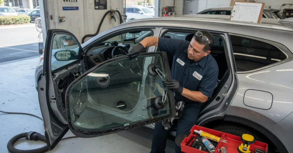How to fix a car window crack: a certified technician fitting a new door window with suction lifters at an auto glass shop