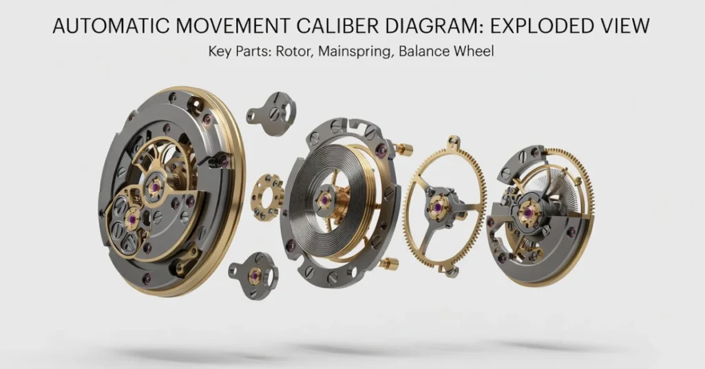 Exploded diagram of an automatic watch movement showing rotor, mainspring, and balance wheel