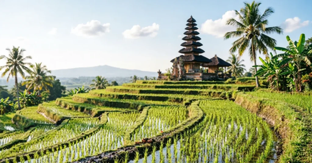 Lush green Bali rice terraces with a tiered temple and palm trees under a bright sky