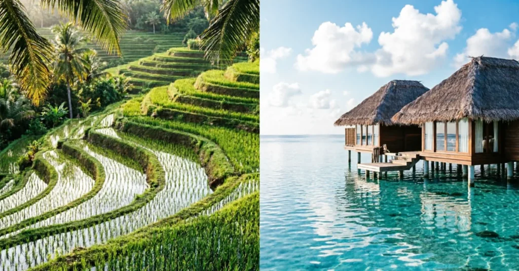 Split comparison of Bali rice terraces with a volcano and a Maldives overwater villa on turquoise water