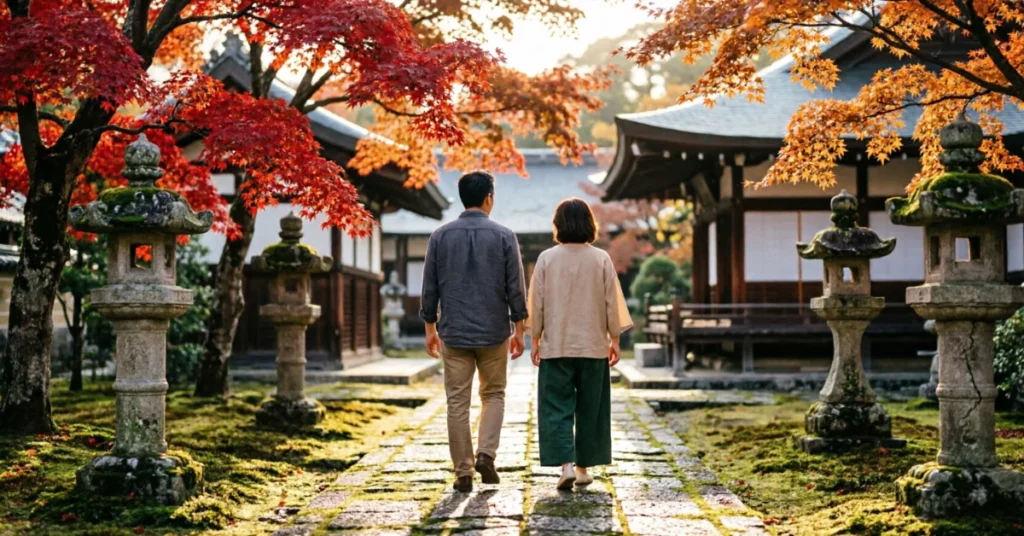 Best places to travel for couples: two people walking a stone path through a Kyoto temple garden in autumn