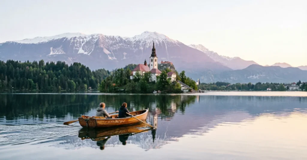 Best places to travel for couples: a couple rowing toward Bled Island's church with alpine peaks behind