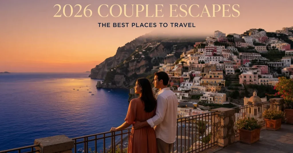 Best places to travel for couples: a couple at a Positano overlook watching the sunset over the Amalfi Coast