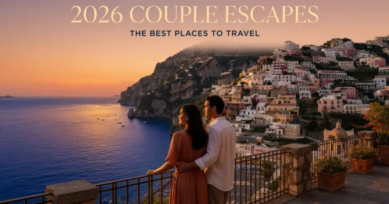 Best places to travel for couples: a couple at a Positano overlook watching the sunset over the Amalfi Coast