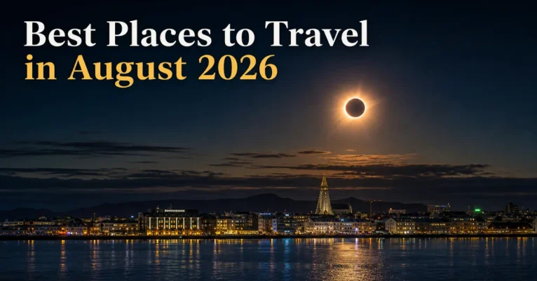 Best places to travel in August: a total solar eclipse over Reykjavik's lit skyline and harbor