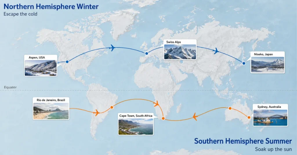 Best places to travel in December: an editorial map comparing Northern Hemisphere winter destinations with Southern Hemisphere summer destinations across the equator