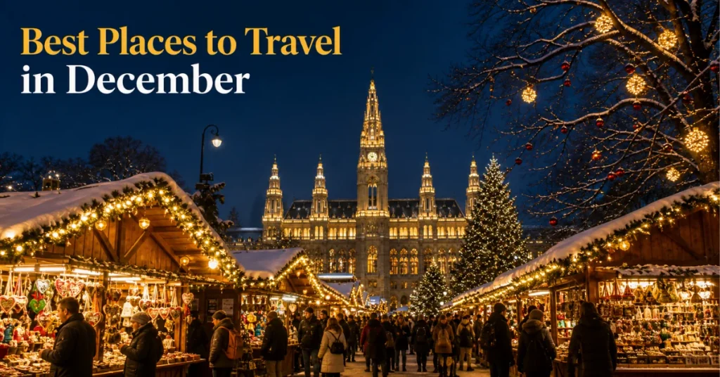 Best places to travel in December: Vienna's Christmas market at dusk with snow-dusted stalls, amber lights, and the illuminated Rathaus