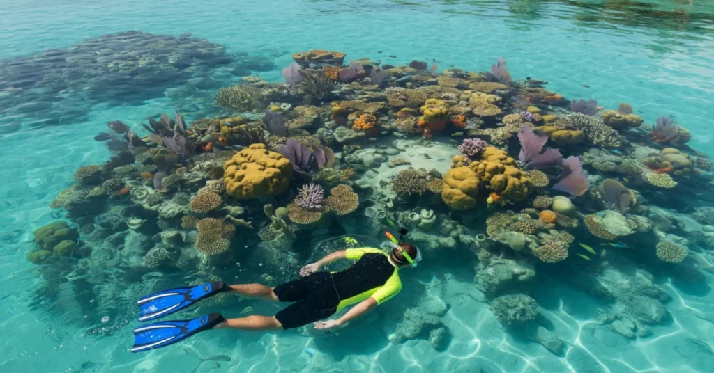 Best places to travel in July: a snorkeler floating over a shallow coral reef in clear turquoise Bahamas water