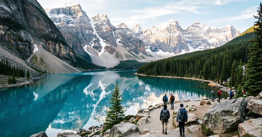  Best places to travel in July: hikers on the rockpile trail above turquoise Moraine Lake with snow-capped peaks in Banff