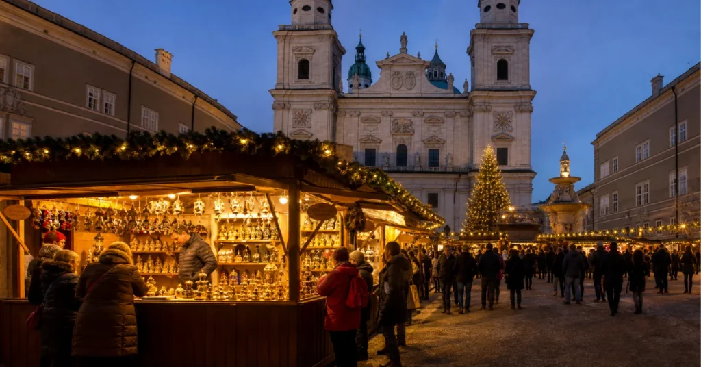 Best places to travel in November: Salzburg's Christkindlmarkt at Dom Square with lit wooden stalls, a Christmas tree, and the cathedral at dusk