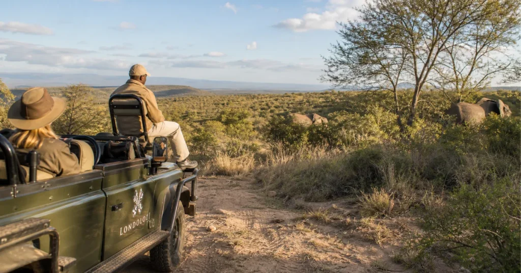 Best places to travel in November: travelers on a safari vehicle watching elephants across golden savanna in South Africa's early summer