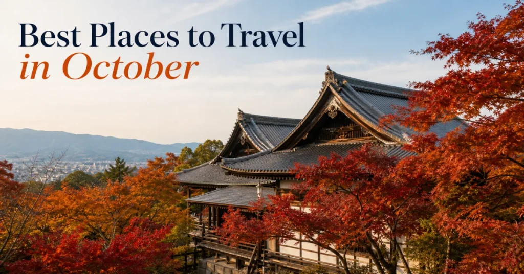 Best places to travel in October: red maples framing a traditional Kyoto temple roofline above the city