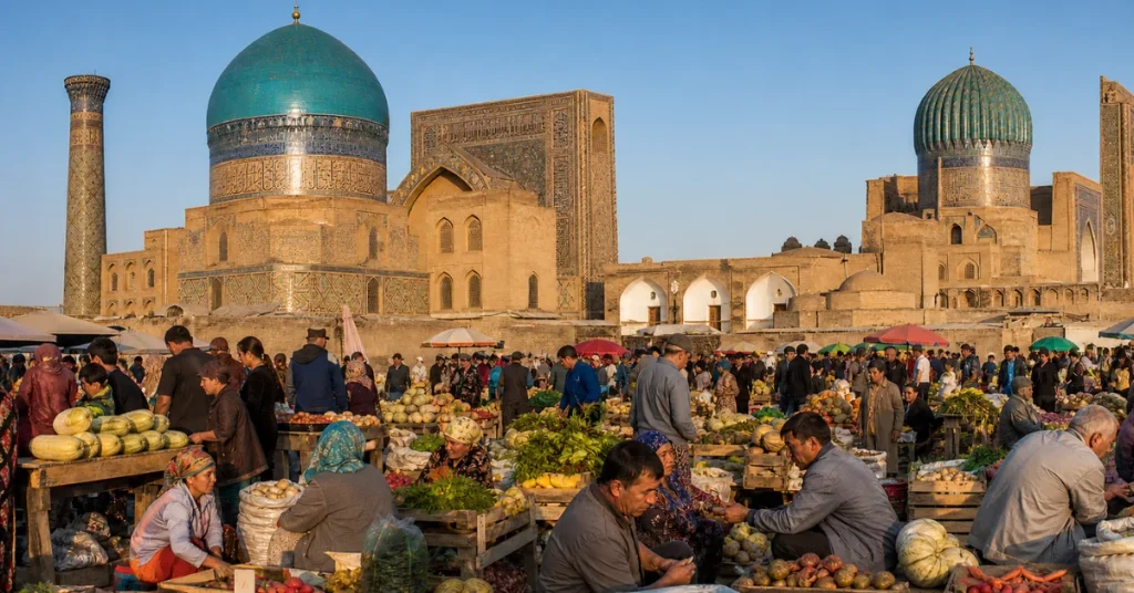 Best places to travel in October: a bustling harvest bazaar with melons and produce in front of Samarkand's turquoise domes at golden hour
