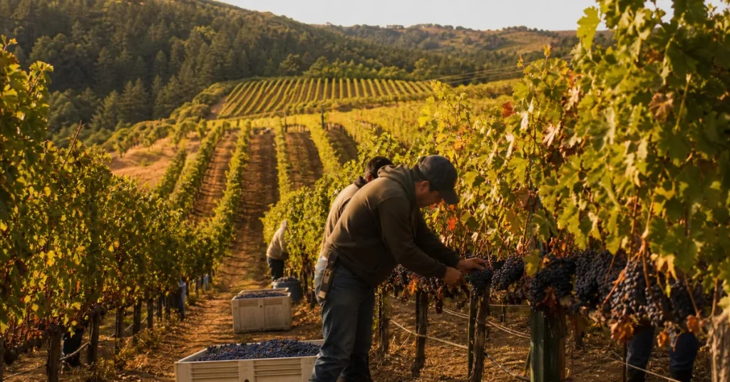 Best places to travel in October: workers picking purple grapes into bins on a Sonoma hillside vineyard at golden hour