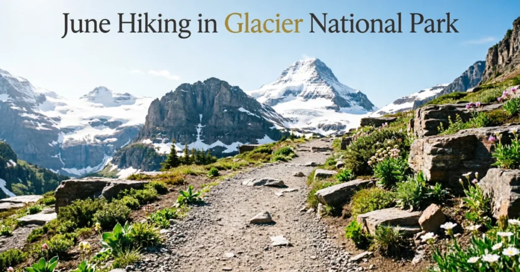 Best places to travel in June: a hiking trail through Glacier National Park with snow-capped peaks and wildflowers