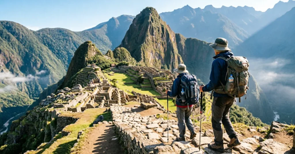 Best places to travel in June: hikers on a highland trail overlooking Machu Picchu under clear skies