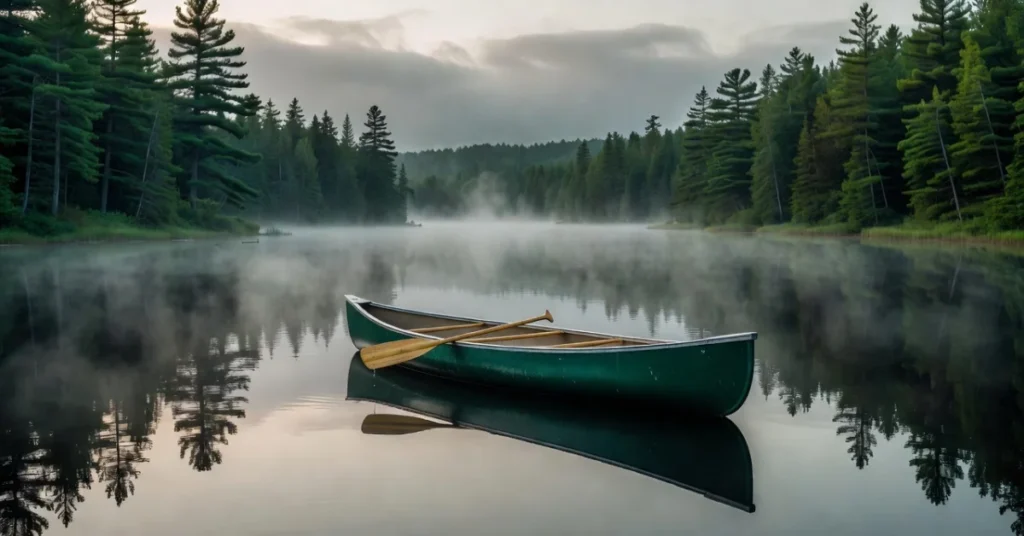 Green canoe with wooden paddles on a still, misty Boundary Waters lake at dawn