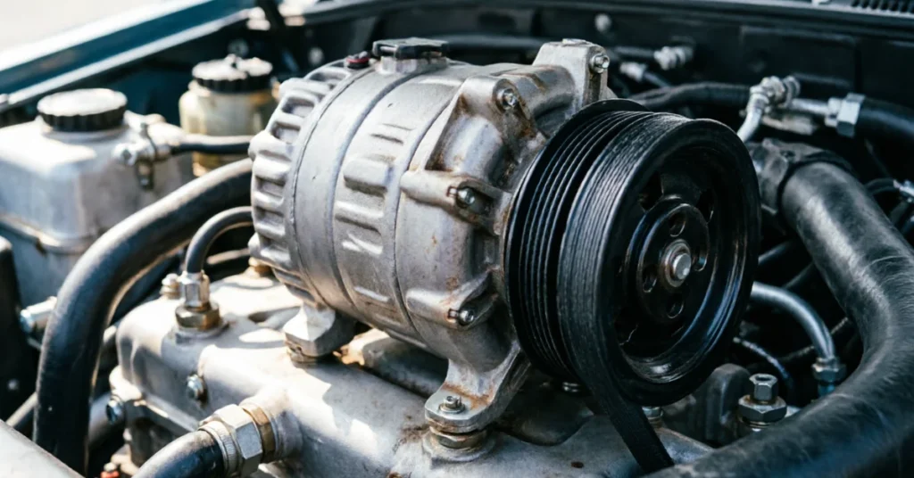 Close-up of a belt-driven car AC compressor mounted on an older engine with visible hoses and fittings