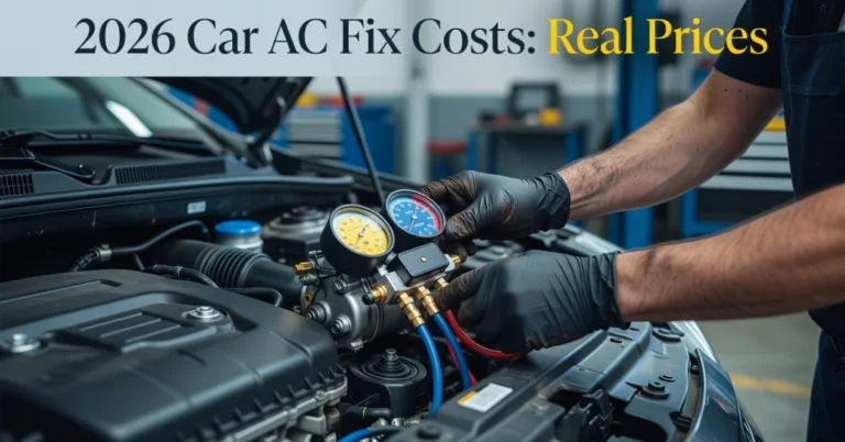 How much does a car AC cost to fix: mechanic with manifold gauges diagnosing the AC system under the hood
