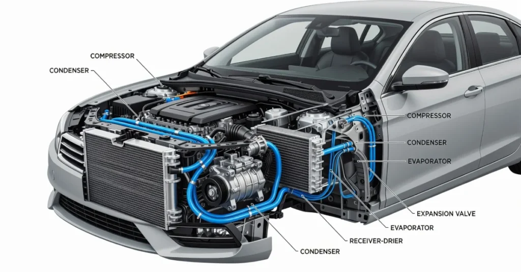 Car AC repair cost explainer: cutaway diagram of the compressor, condenser, evaporator, and refrigerant lines