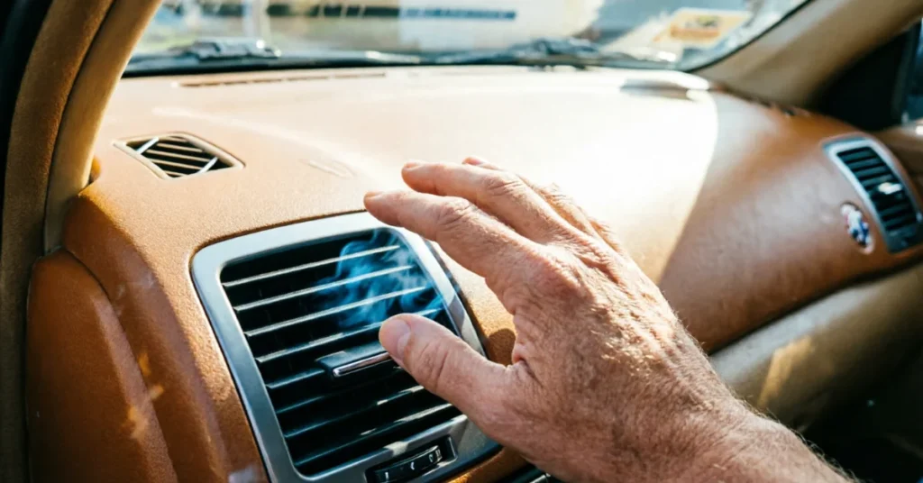 Hand held at a dashboard vent feeling cold air blowing with visible cool mist