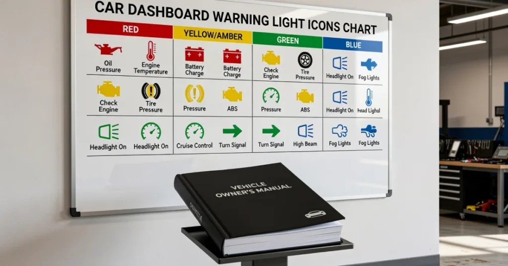 Car dashboard warning light icons chart grouped by red, yellow, green, and blue with an owner's manual