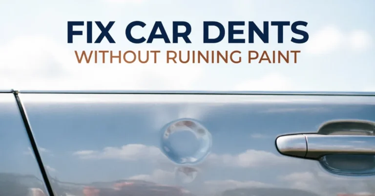 Round dent on a silver car door with intact paint under soft daylight