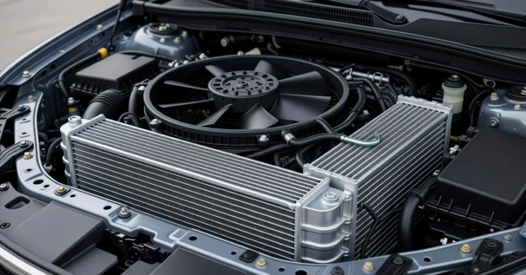 Dual radiator and fan assembly in car engine bay top view