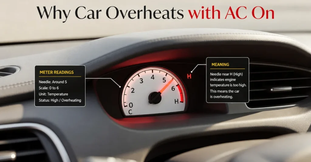 Digital car temperature gauge showing overheating with AC on