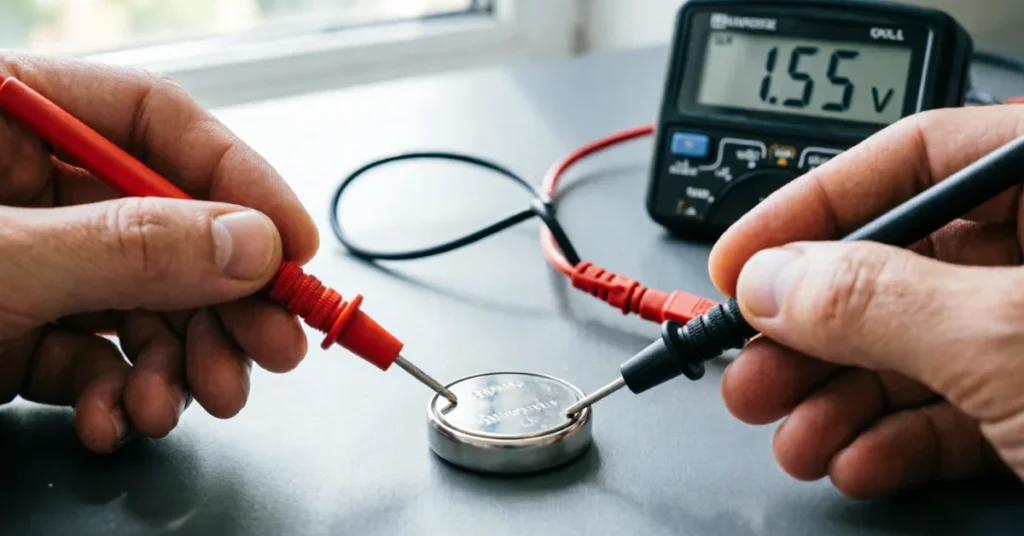 How to change Seiko watch battery: testing a button cell with a multimeter showing 1.55V beside the movement