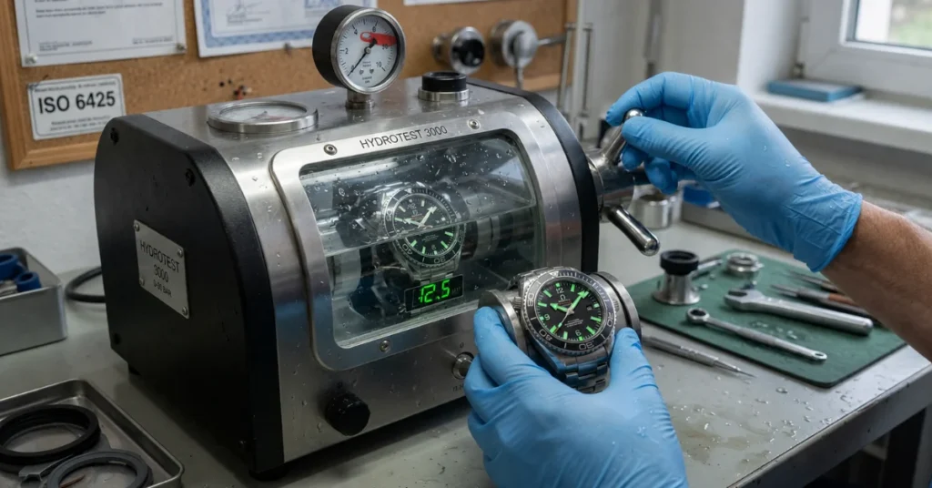 How to change Seiko watch battery: technician pressure testing a water-resistant watch in a hydro test machine