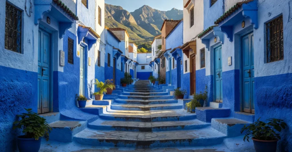 Blue-painted stepped street in Chefchaouen medina with Rif Mountains backdrop in Morocco