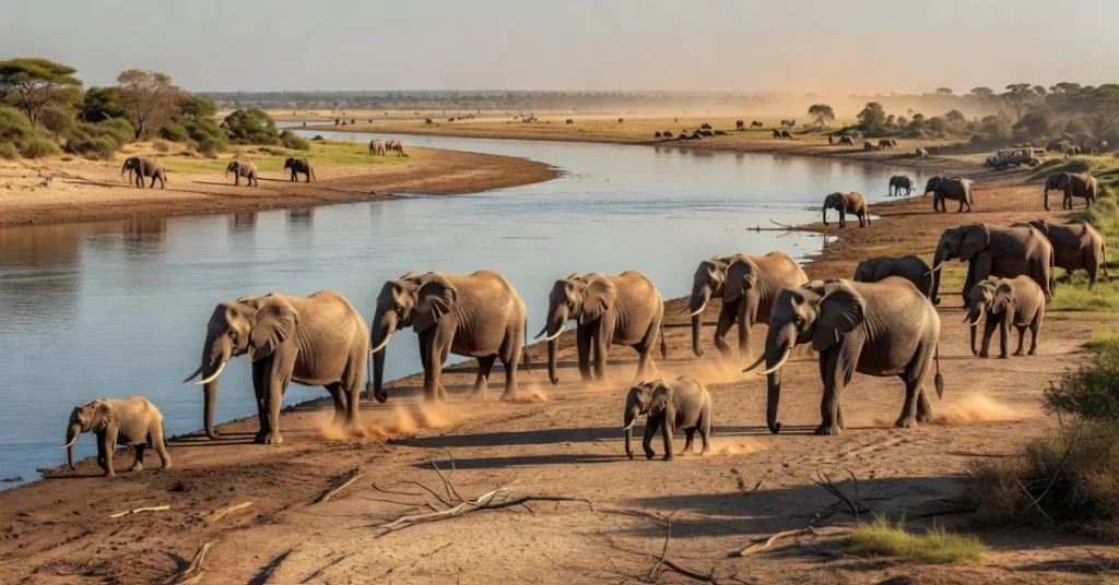 Large elephant herd gathered on a sandy bend of the Chobe River, some drinking at the water's edge