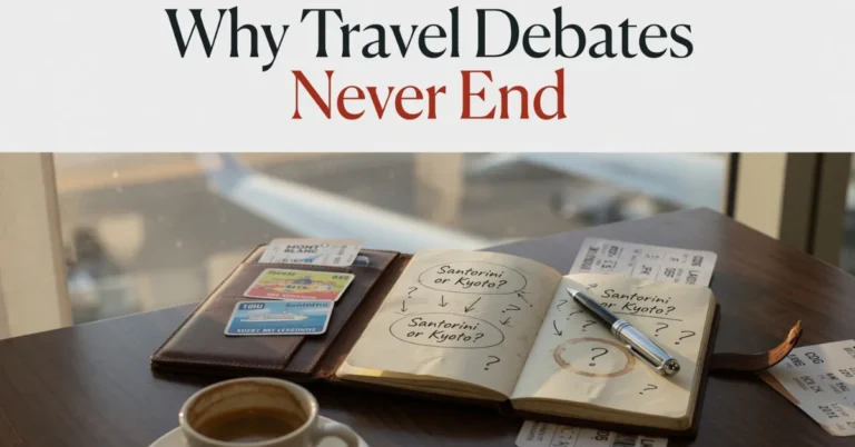 Open travel journal debating "Santorini or Kyoto?" with boarding passes and coffee on a table