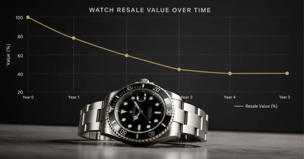Do Omega watches hold their value: an editorial chart showing resale value dipping then stabilizing over five years beside a steel dive watch
